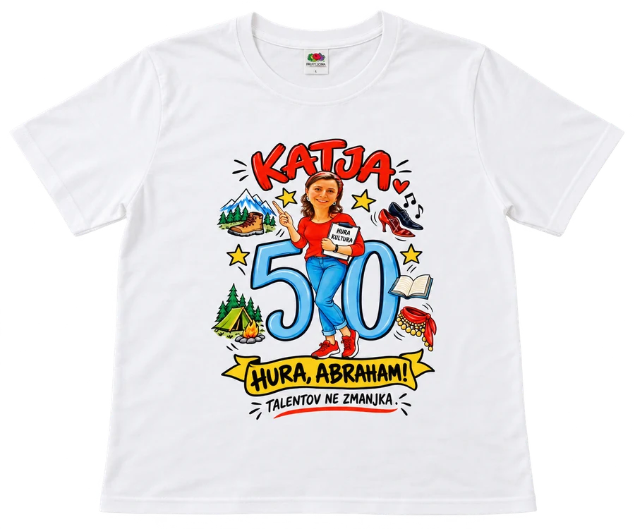 Bela majica Katja za 50. rojstni dan s personaliziranim motivom